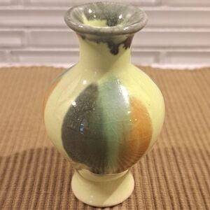 Vtg Drip Glazed Bulbous Bud Vase Pottery Mid Century BlackGreen Cream Brown.